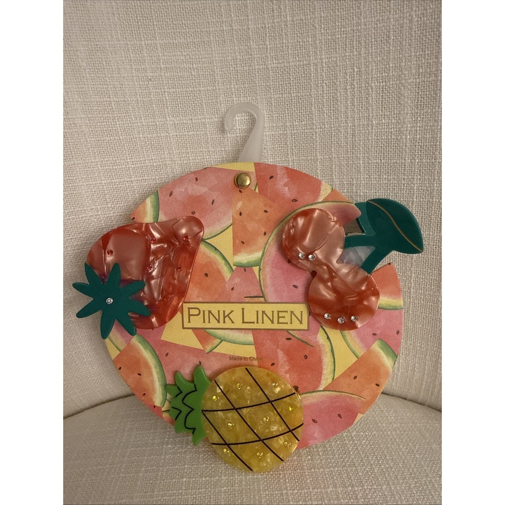Pink Linen Fruit‎ Hair Claw Clip Set Strawberry Cherry Pineapple Whimsical NEW